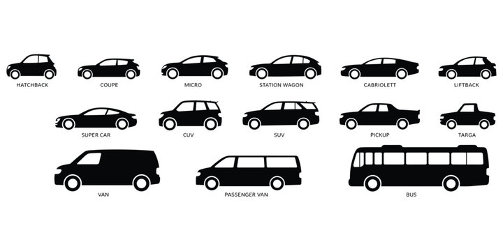A Grid of Black Vehicle Silhouettes Labeled with Their Types automobile