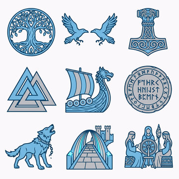 Ancient Norse Mythology Flat Icon Set Yggdrasil Ravens Thor Hammer Valknut Viking Ship Rune Stone Fenrir Wolf Bifrost Norns
