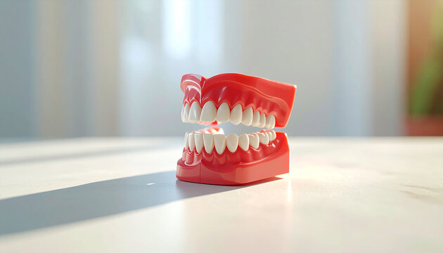 Artificial teeth model on a clean white surface with soft light and shadow, highlighting dental care and health