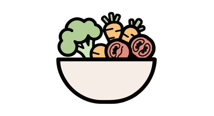 Vibrant graphic icon of a bowl filled with fresh, healthy vegetables broccoli, carrots, and tomatoes, symbolizing nutritious eating, balanced diet, and overall wellness