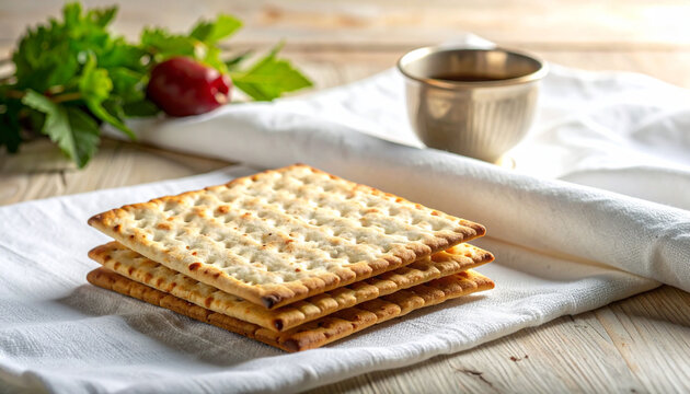 A stack of matzah, unleavened bread, served with a small cup of wine and parsley on a wooden table, representing Jewish Passover traditions
