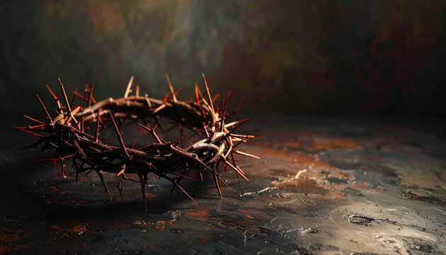 A somber and symbolic depiction of the crown of thorns, artfully rendered to evoke profound themes of sacrifice, suffering, and ancient spiritual devotion, set against a dark, textured background