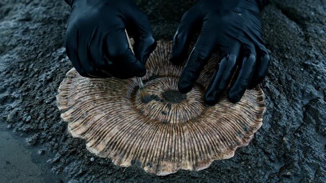 Fossil echioceras excavation scene with gloved hands uncovering ancient ammonite fossil remains