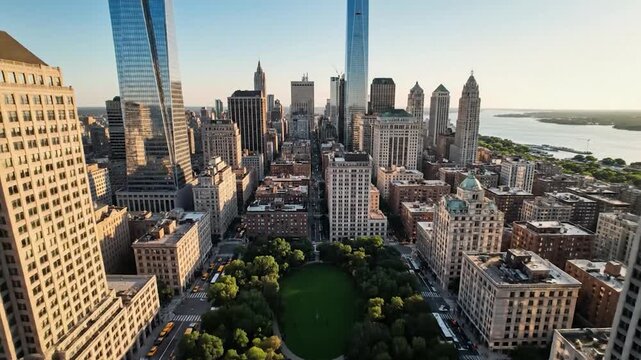 Drone flies over New York City park and skyscrapers
