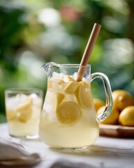 Fototapeta premium Refreshing Lemonade Pitcher with Ice, Wooden Spoon, and Lemon Slices on a Bright Summer Day