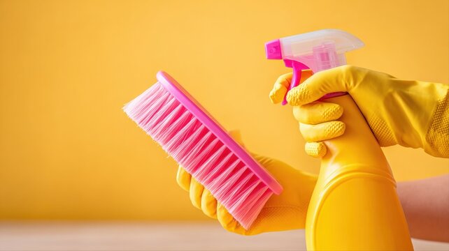 Cleaning tools in yellow gloved hands for cleaning service advertisement with space for text.