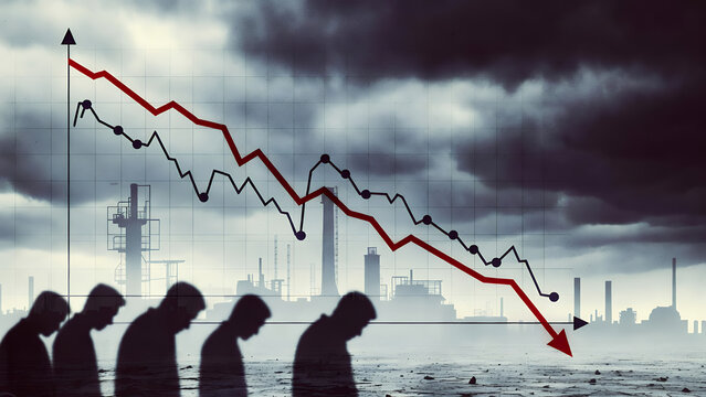 Silhouettes of dejected people stand before an industrial landscape with a sharp red downward economic graph under a gloomy sky.