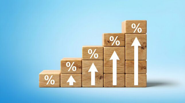 A series of wooden blocks displaying increasing percentage symbols and upward arrows on a blue gradient background