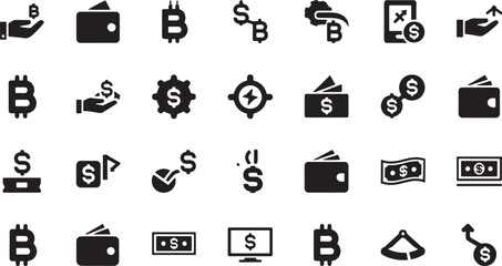 Collection of black finance and cryptocurrency on white background bitcoin money wallet