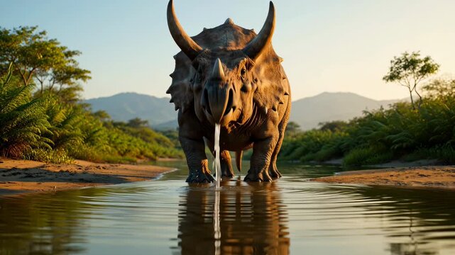 A Triceratops drinking water from a serene lake surrounded by lush greenery and mountains in the background during a peaceful morning