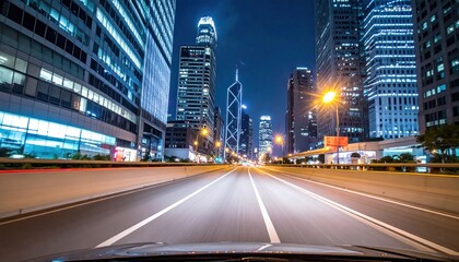 Fototapeta premium Cityscape Night Drive through Modern Skyscrapers.