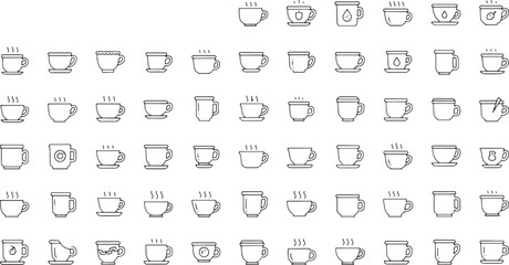 Collection of various black line coffee and tea cups with steam coffee cup hot beverage