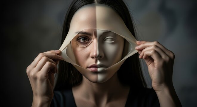 Woman revealing her true face by peeling off artificial silicone mask. Conceptual portrait representing identity crisis, human depth, self discovery and hidden emotions. Surreal art style.