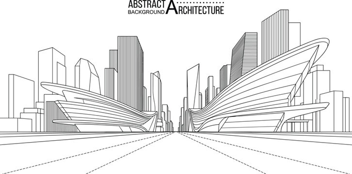 Abstract architectural background of a futuristic city boulevard featuring fluid-form organic buildings and a dense skyscraper skyline in one-point perspective.