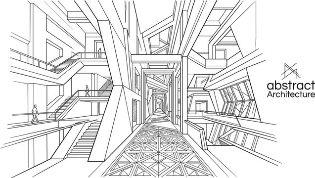 Abstract architectural interior sketch featuring a vast multi-level atrium with complex stairs, bridges, and human silhouettes in one-point perspective.