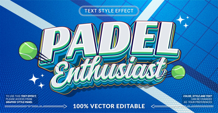 Editable text effect vector &ldquo;Padel Enthusiast&rdquo; features bold sporty 3D lettering with energetic vibes, perfect for padel clubs, tournaments, sportswear, and event promotions.