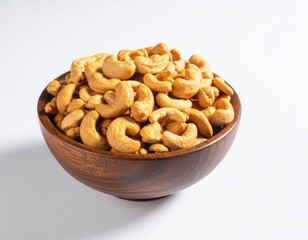 Fototapeta premium Top view of Roasted cashew nuts in wooden bowl with pile of cashew nuts on white background.