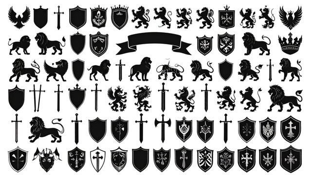 Medieval Heraldry Elements Collection with Swords Shields Lions Crowns and Banners Black Vector Set