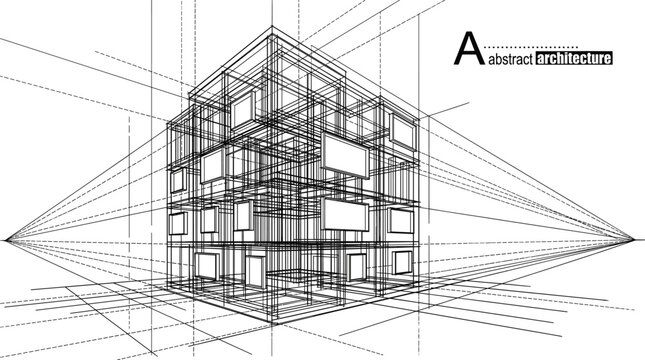 Complex geometric cubic building wireframe with two point perspective lines for abstract architectural drafting and digital modeling concepts.