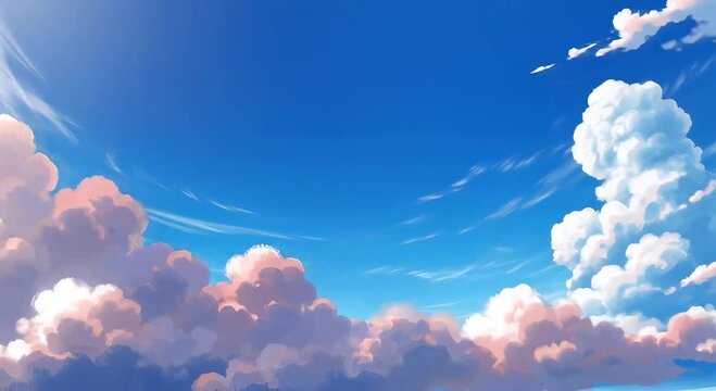 Blue Sky with Fluffy Clouds and Jet Contrail
