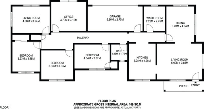 Detailed single-story house floor plan featuring an integrated garage, three bedrooms, and a spacious open-concept living and dining layout.