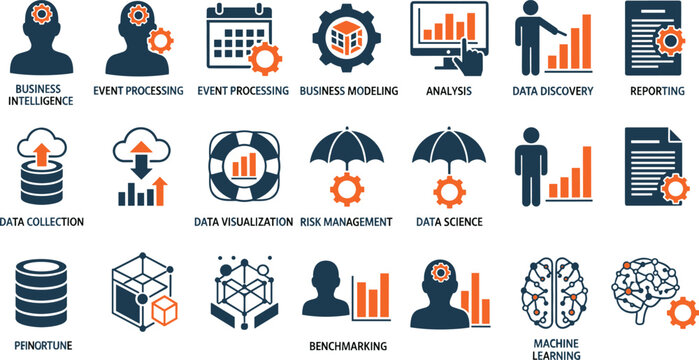 Dual-tone vector icons for business intelligence data science benchmarking predictive modeling and corporate machine learning analytics processing
