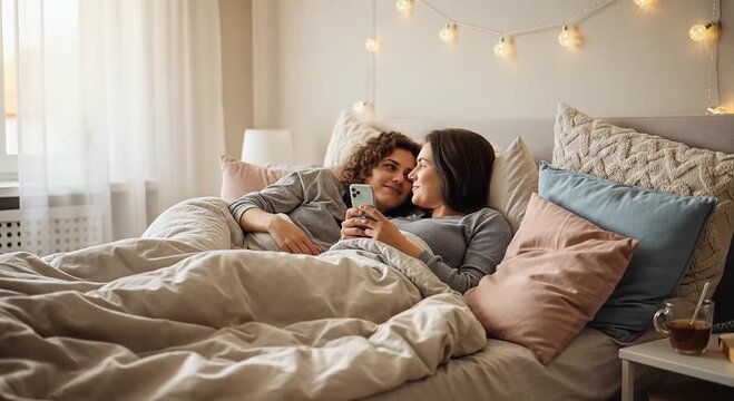 cozy family moment in bed with phone under warm string lights