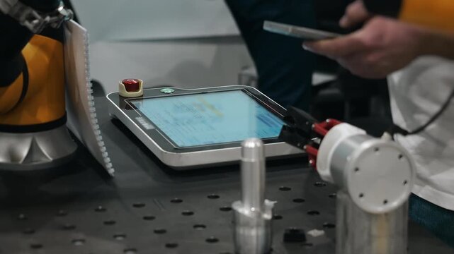 Engineer operating industrial robot using touchscreen control panel in modern automated manufacturing environment.