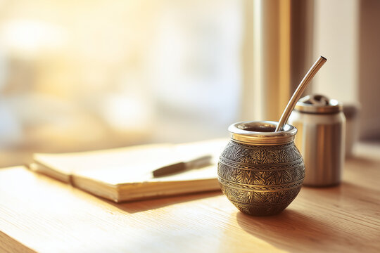 Argentine silver mate gourd with a small thermos next to it, open notebook and pen by the window