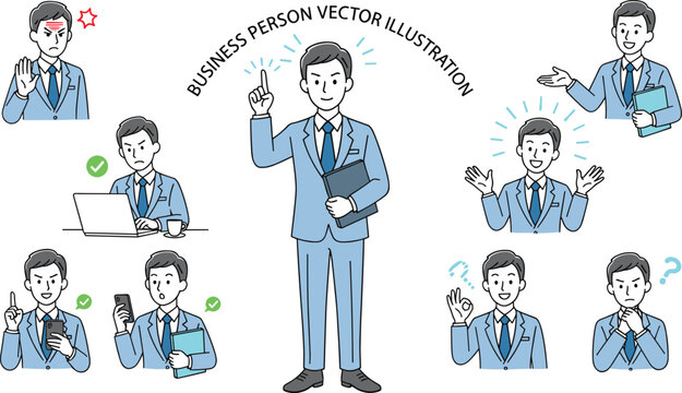 Vector fashion techpack flat sketch featuring baseball jersey and cargo pants templates with detaileFlat vector male business person illustration set with various office poses facial expressions 