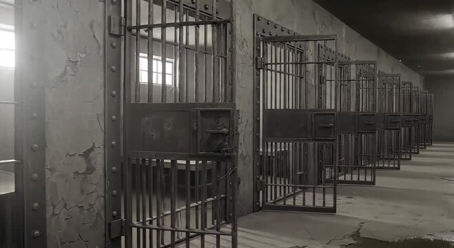 dim prison corridor with metal jail cells in a dark industrial hallway