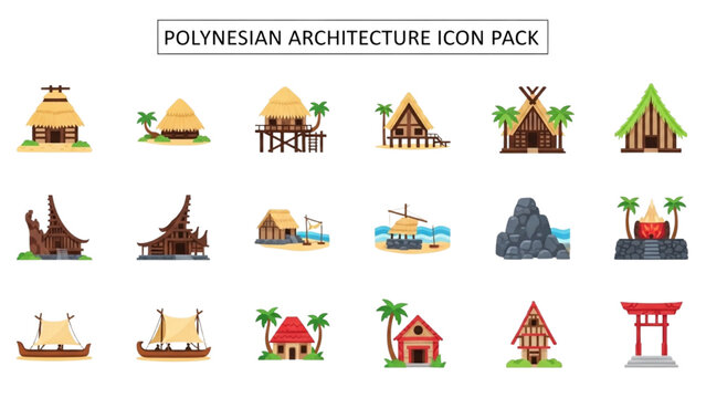 Polynesian Architecture Icons Featuring Huts, Temples, and Boats