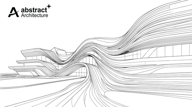 Ground-level perspective of futuristic parametric architecture featuring sweeping fluid ribbons, rhythmic structural layers, and a modern glass facade.