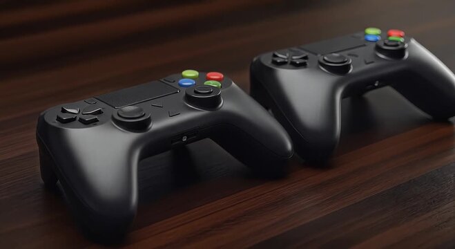 dual game controllers on wooden desk for gaming setup