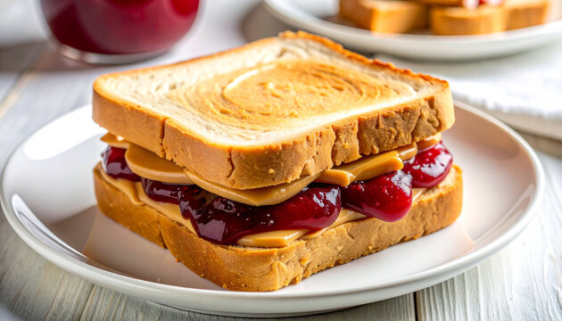 A classic peanut butter and jelly sandwich on white bread served on a plate, perfect for a quick and delicious snack or meal