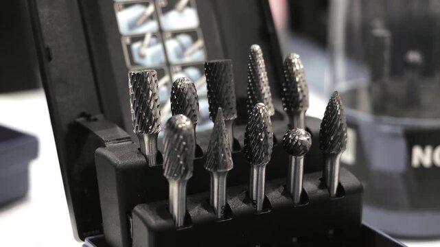 Close up of carbide burr metal cutting tools set used for grinding and machining in industrial workshop.