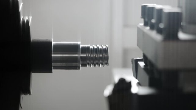 Close up of CNC lathe machining threaded metal shaft during precision manufacturing process in industrial workshop.