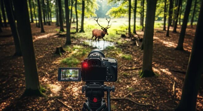 forest deer encounter: camera on tripod captures woodland wildlife