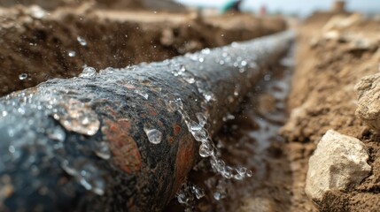 Fototapeta premium A close-up of a rusty metal pipe leaking water in a trench surrounded by dirt.