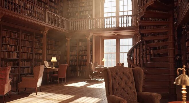 grand vintage library interior with bookshelves, staircase and warm sunlight