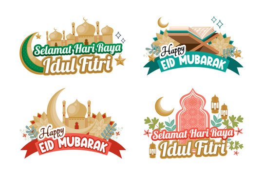 Eid al-Fitr and Eid Mubarak greeting card set in pastel green pink with mosque and crescent