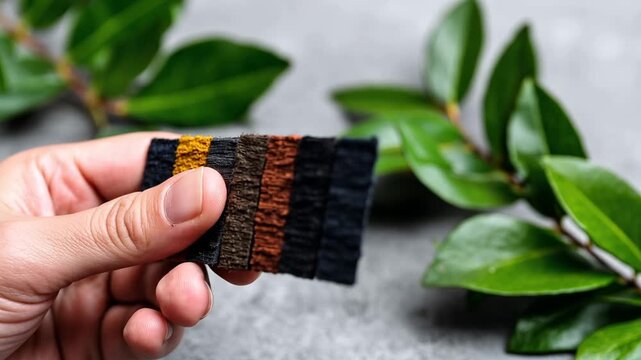 Hand holding color swatch with dark tones and green leaves in background during daytime