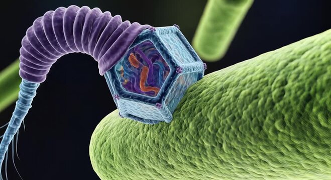 Green rod bacteria and bacteriophage under magnified microscope