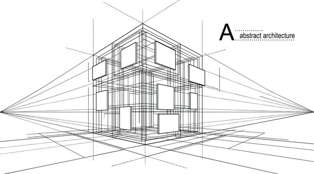 Modern modular cubic pavilion architectural wireframe with two point perspective grid lines for futuristic exhibition design concepts.