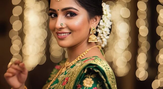 indian woman in green lehenga with gold jewelry at festive backdrop