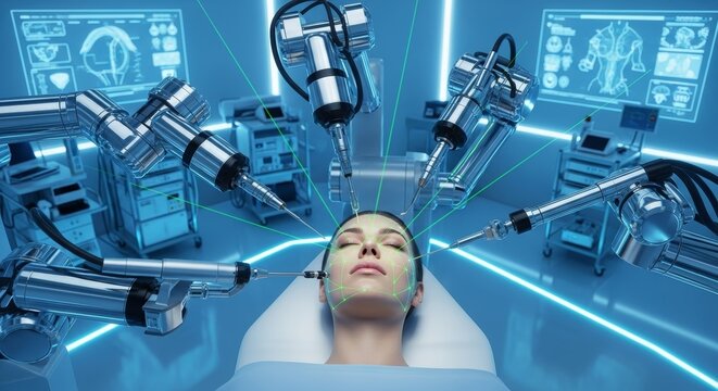 Woman undergoing robotic facial surgery with laser beams. Medical procedure performed by mechanical arms. Future of aesthetic clinical treatment and innovative science technology in hospital.