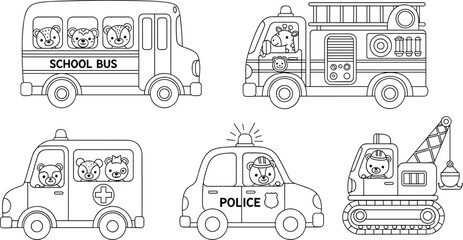 Cute Vehicles Coloring Page for Kids featuring School Bus Fire Truck Ambulance Police Car and Crane with Animal Drivers Vector © Rekha