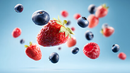 スイーツのWebバナーに最適な水色背景に浮かぶ新鮮なイチゴとブルーベリーのフルーツ背景素材