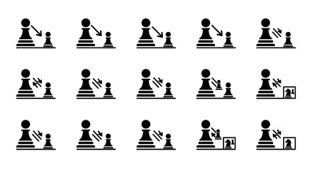 Set of chess pieces in various positions on a board, viewed from directly above, showcasing different stages of a game © Steven