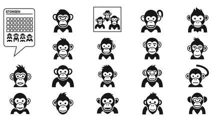 Collection of diverse monkey faces in various expressions and hairstyles displayed in a grid pattern. © Steven